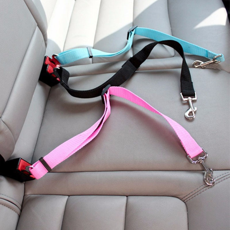 Adjustable pet car seat belt with harness for dogs and cats, ensuring safety during travel